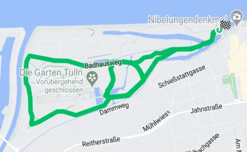 Laufstrecke vom Lions Charity Run 2025 - Start Süddeck, bis zur Garten Tulln, dann zurück via Dammweg, 2 Innen runden Richtung Badhausweg und anschließend zurück zum Süddeck